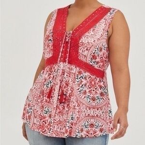 Torrid Babydoll Crinkle Gauze Crochet Inset Lace Up Top Blouse sz 1 or 14/16 1X